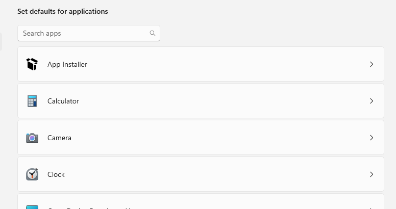 Windows 11 Default apps settings with the Set defaults for applications search box and app list