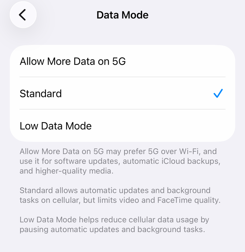 iPhone Data Mode screen with Allow More Data on 5G, Standard selected and Low Data Mode