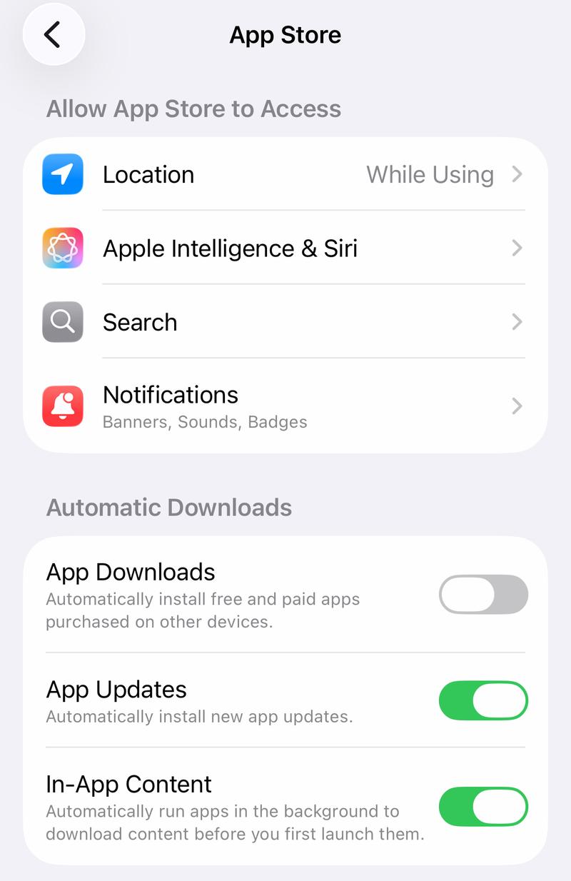 iPhone App Store settings with App Downloads off and App Updates and In-App Content on