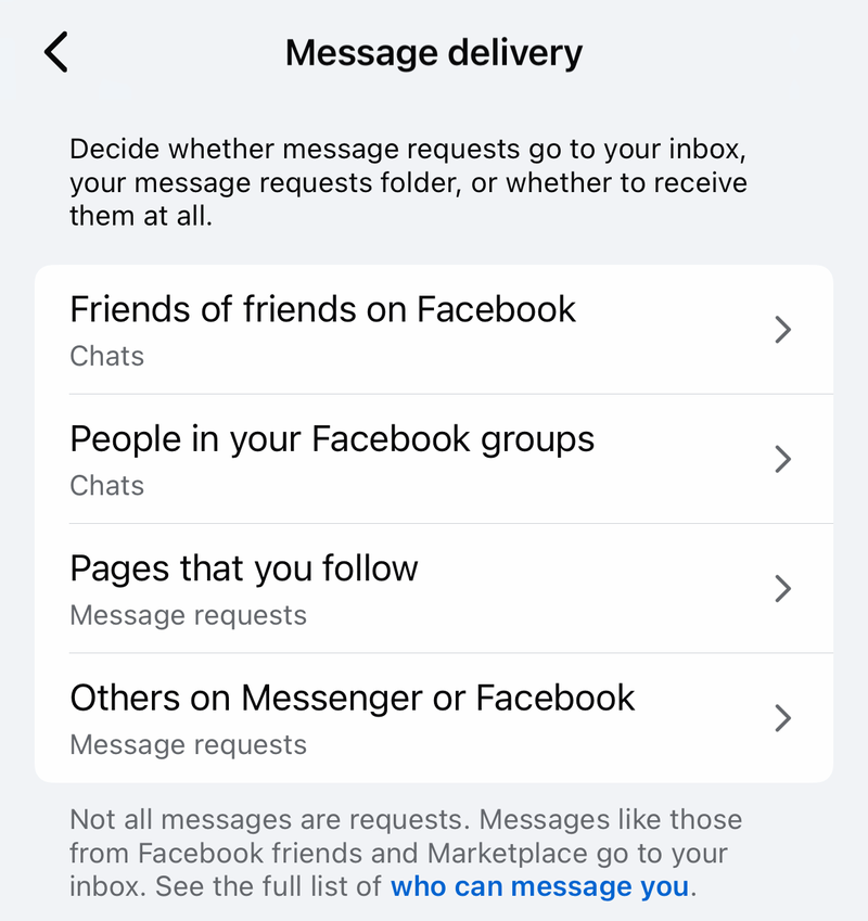 Messenger Message delivery screen with friends of friends, groups, Pages you follow and others