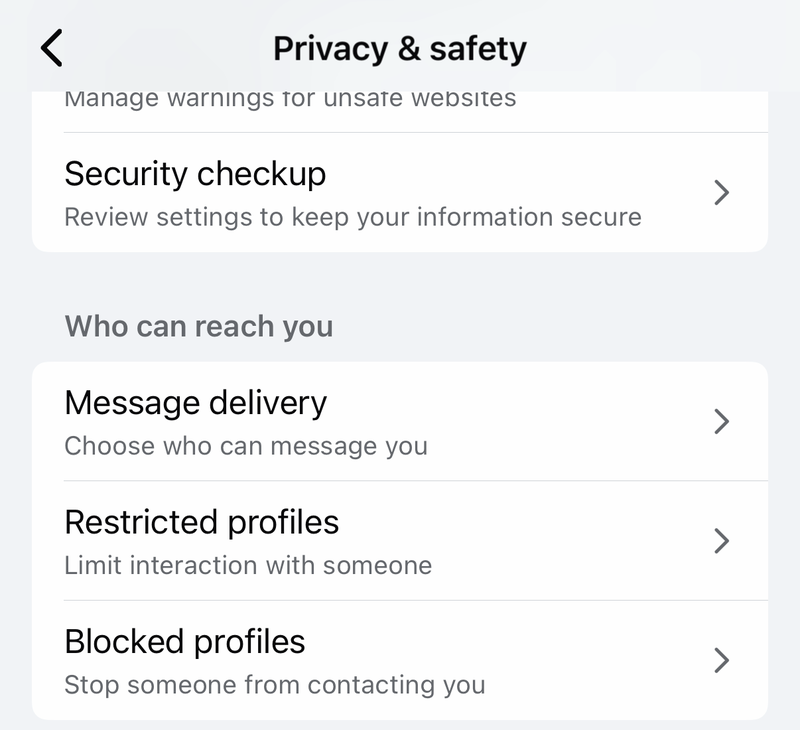 Messenger Privacy and safety screen with Message delivery, Restricted profiles and Blocked profiles