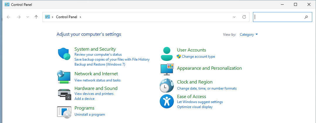 Windows 11 Control Panel Category view with System and Security, Network and Internet, Hardware and Sound and Programs