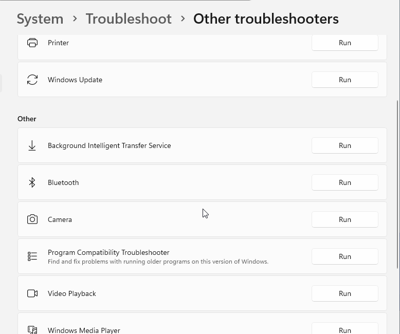 Windows 11 Other troubleshooters list with Bluetooth, Camera, Program Compatibility Troubleshooter and Video Playback