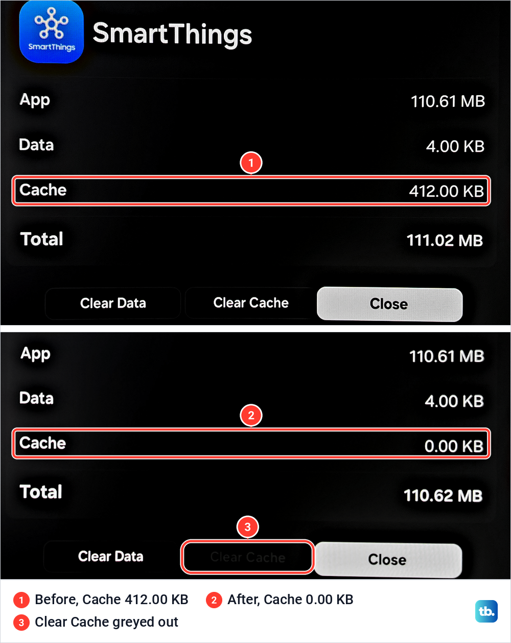 SmartThings storage details before and after Clear Cache, with the cache going from 412.00 KB to 0.00 KB.