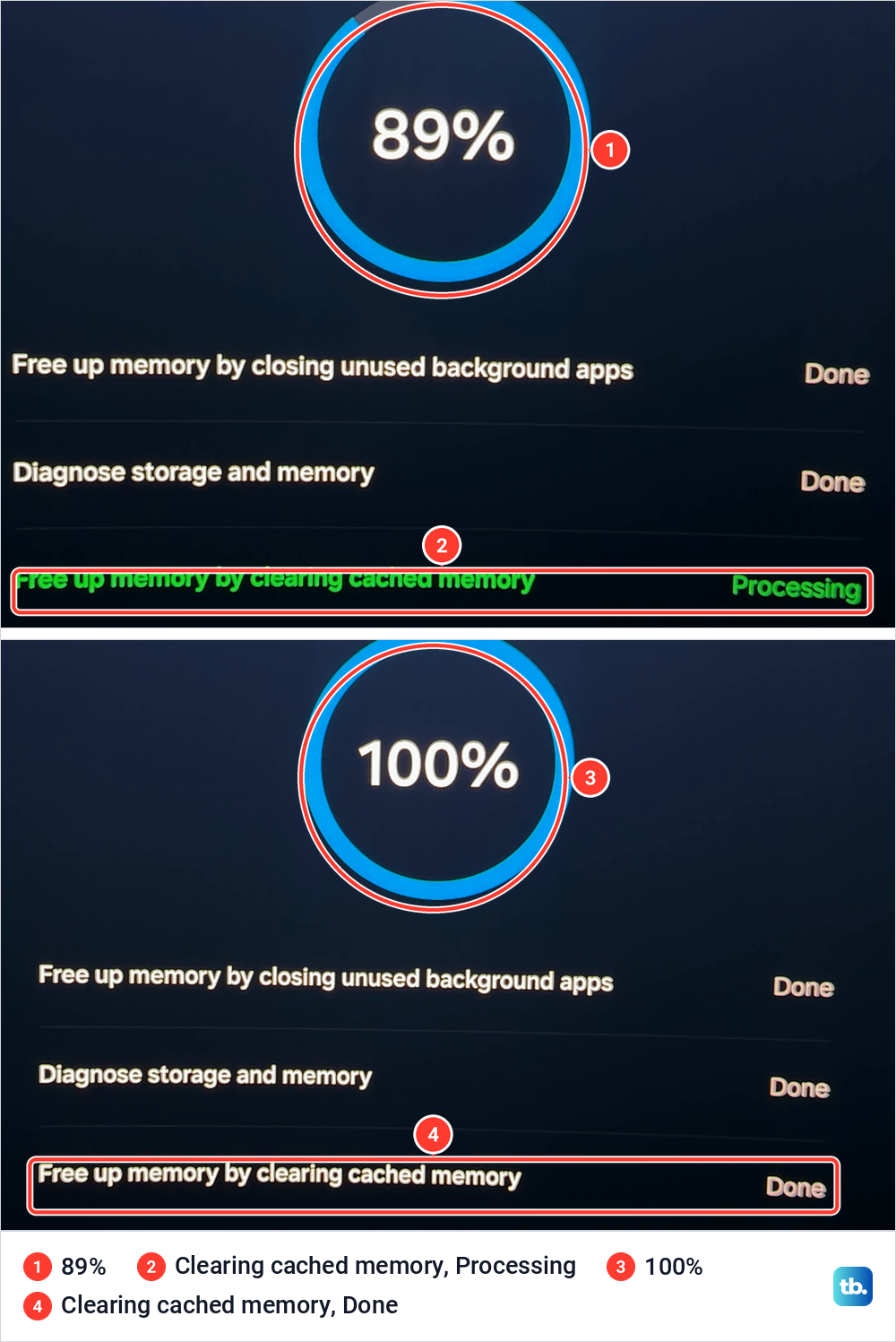 Samsung Device Care scan at 89 percent with cached memory still processing, then at 100 percent with every row done.