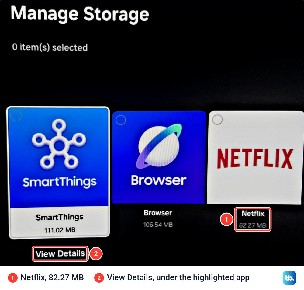 Samsung Manage Storage screen with SmartThings, Browser and Netflix tiles and their sizes.