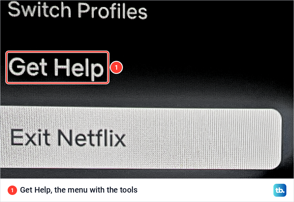 Netflix profile menu on a Samsung smart monitor showing Switch Profiles, Get Help and Exit Netflix.