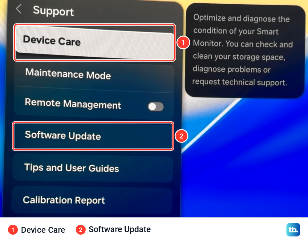 Samsung Support menu listing Device Care, Maintenance Mode, Remote Management and Software Update.