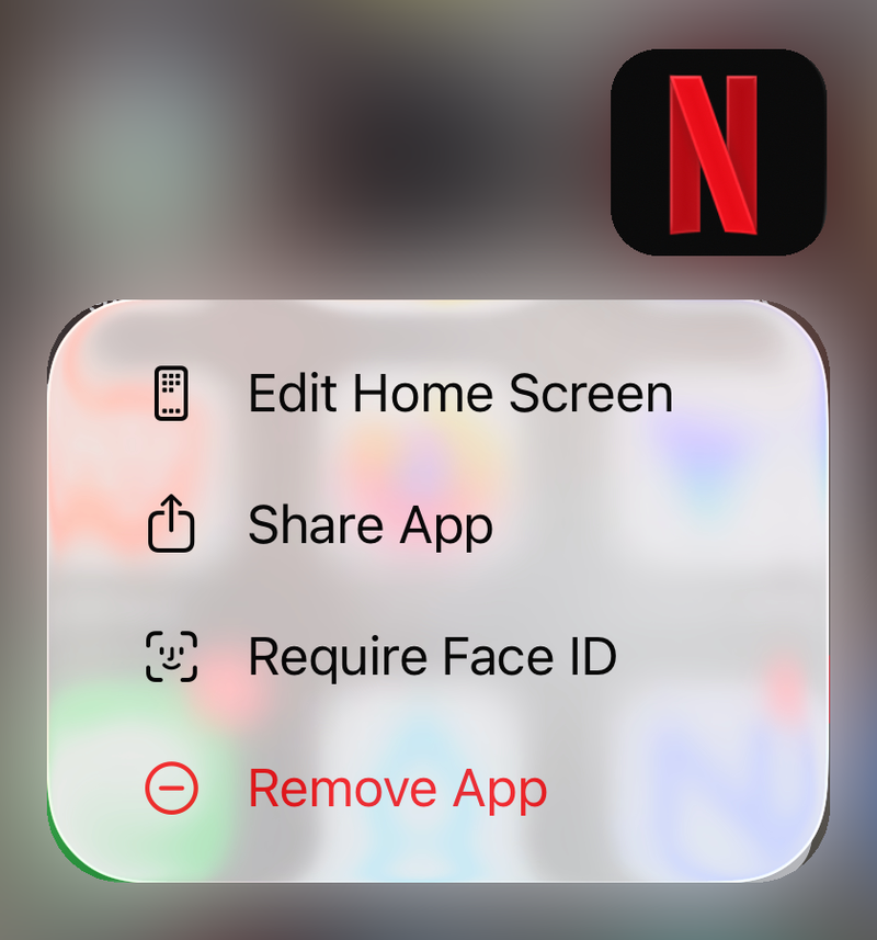 Netflix app icon menu on iPhone with Edit Home Screen, Share App, Require Face ID and Remove App