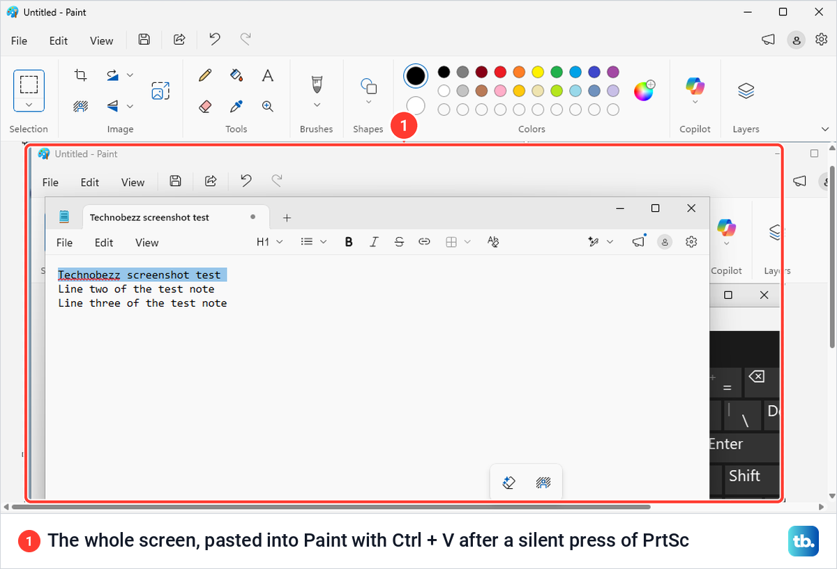 Paint holding a pasted picture of the whole Windows desktop after a press of Print Screen with its switch off.