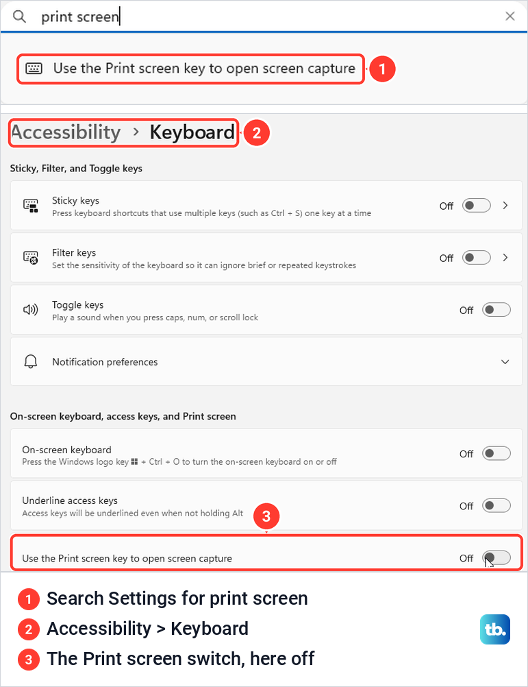 Windows 11 Settings search showing the Print screen result above the Accessibility Keyboard page with the switch turned off.