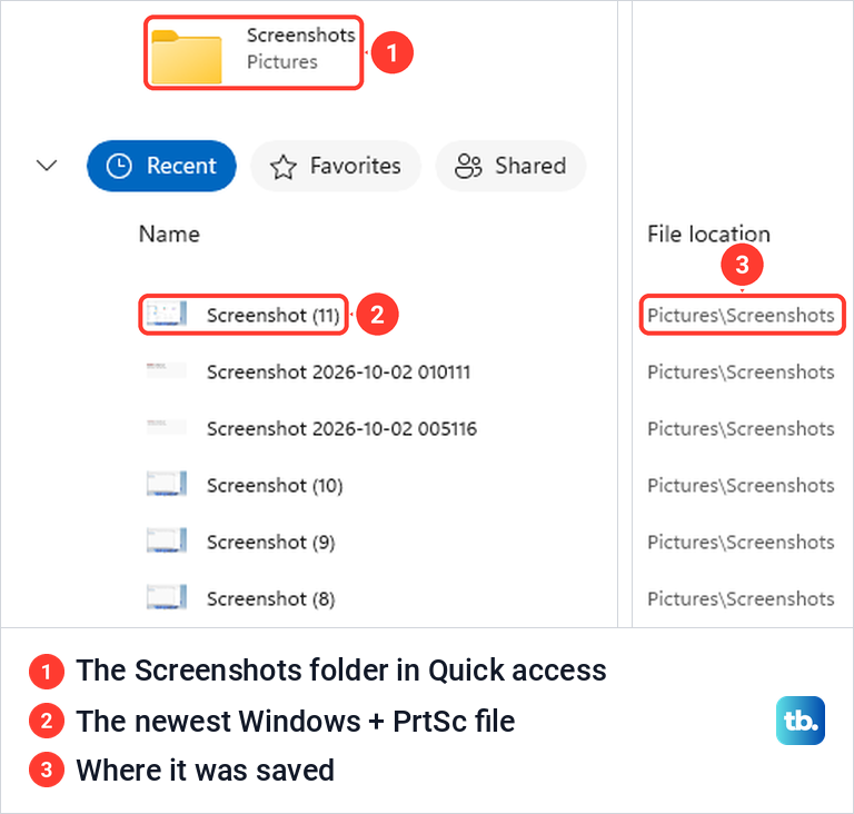 File Explorer Home page listing the Screenshots folder and recent captures saved in Pictures, Screenshots.