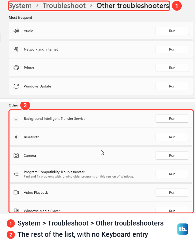 Windows 11 Other troubleshooters page listing Audio, Network, Printer, Windows Update and others but no Keyboard.