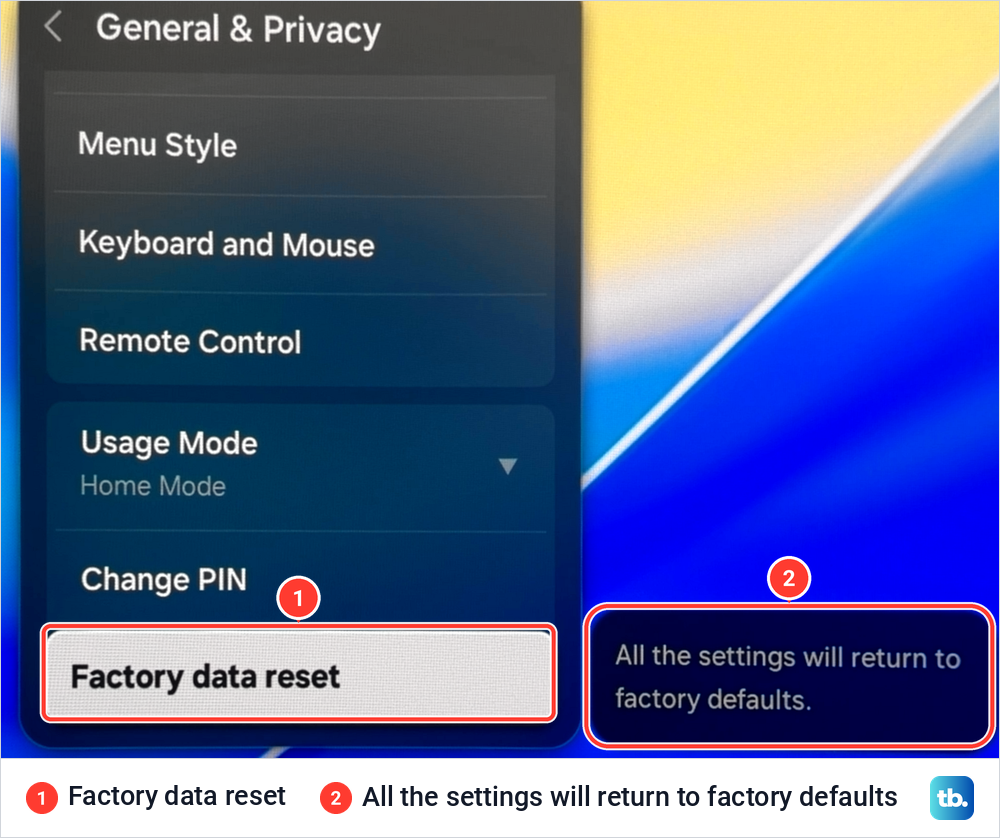 Samsung General and Privacy menu ending in Factory data reset, with a note that all settings return to factory defaults.