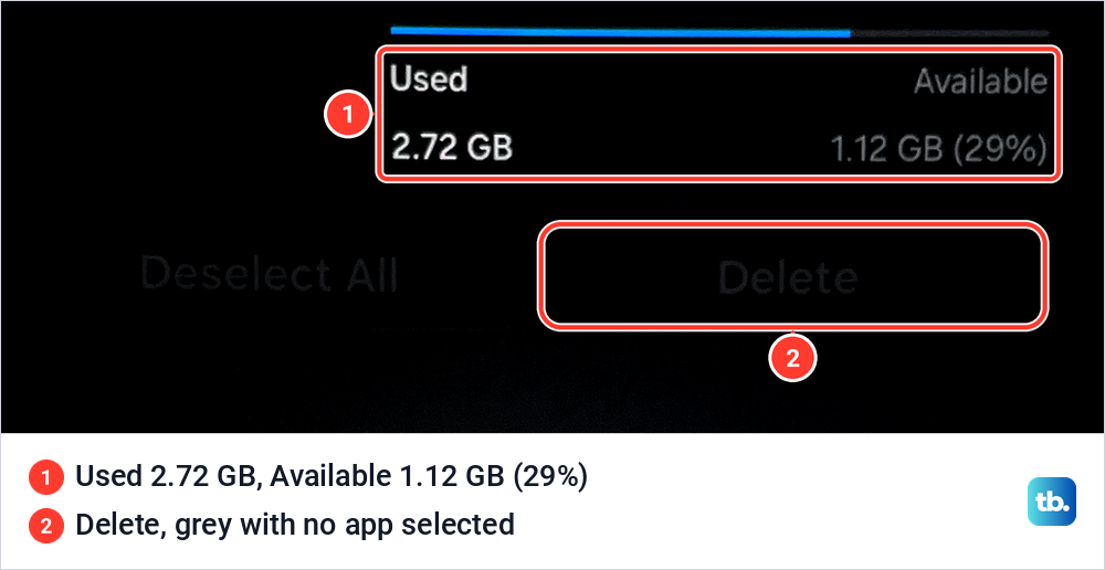 Samsung Manage Storage showing 2.72 GB used and 1.12 GB available, with greyed Deselect All and Delete buttons.