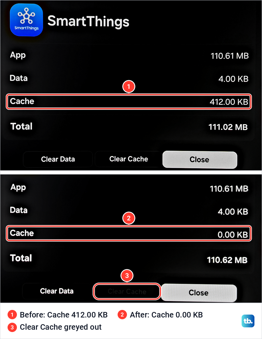 SmartThings storage details on a Samsung screen before and after Clear Cache, with the cache dropping to zero.