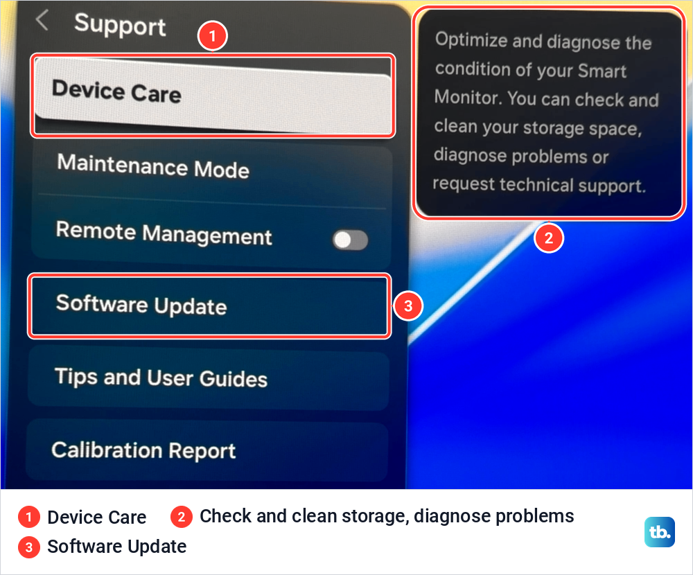 Samsung Support menu listing Device Care, Maintenance Mode, Remote Management, Software Update and Tips and User Guides.