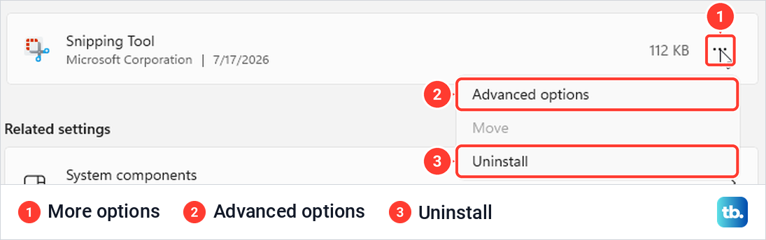 Windows 11 Installed apps filtered to Snipping Tool, with its three-dot menu open on Advanced options, Move and Uninstall.