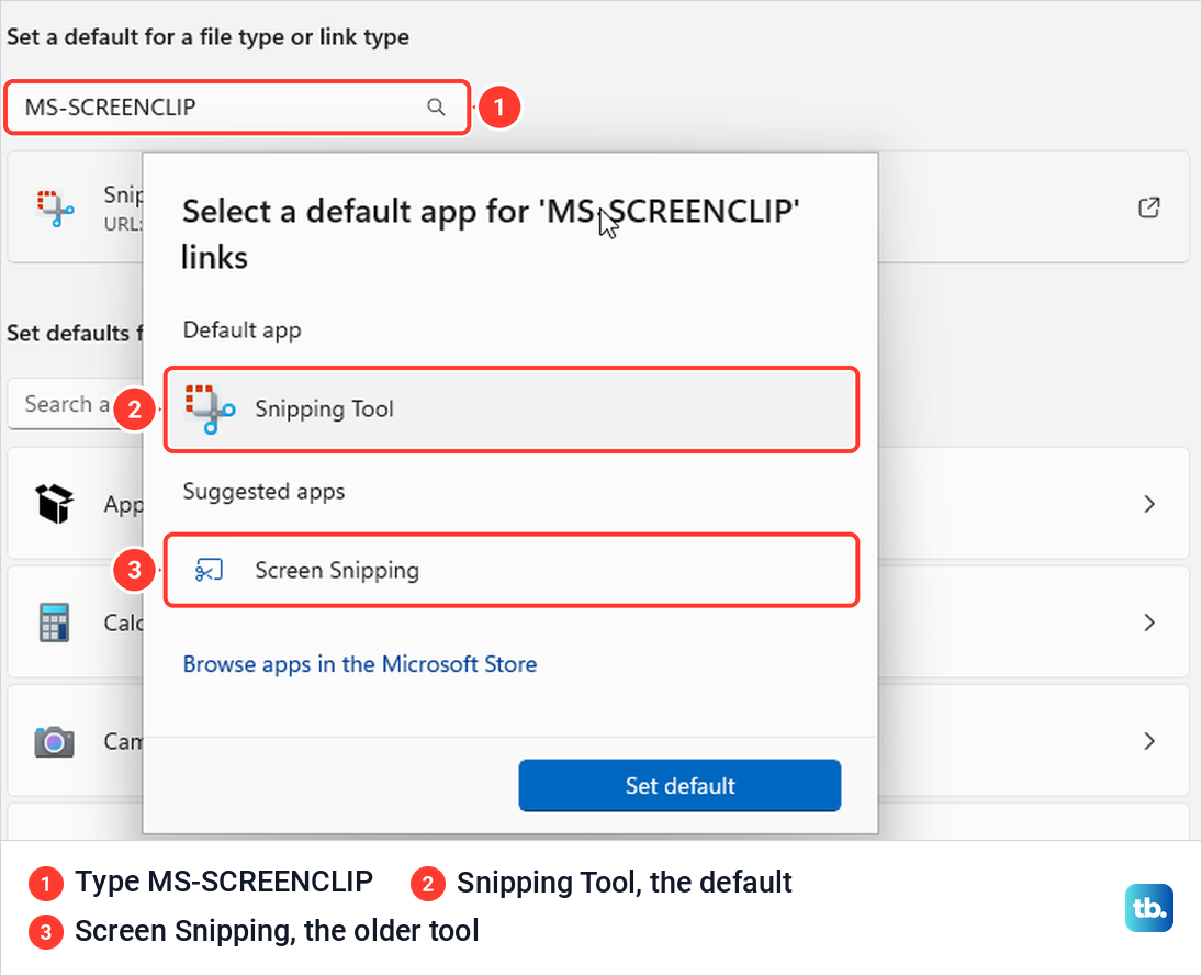Windows 11 Default apps chooser for MS-SCREENCLIP links with Snipping Tool as the default and Screen Snipping suggested.