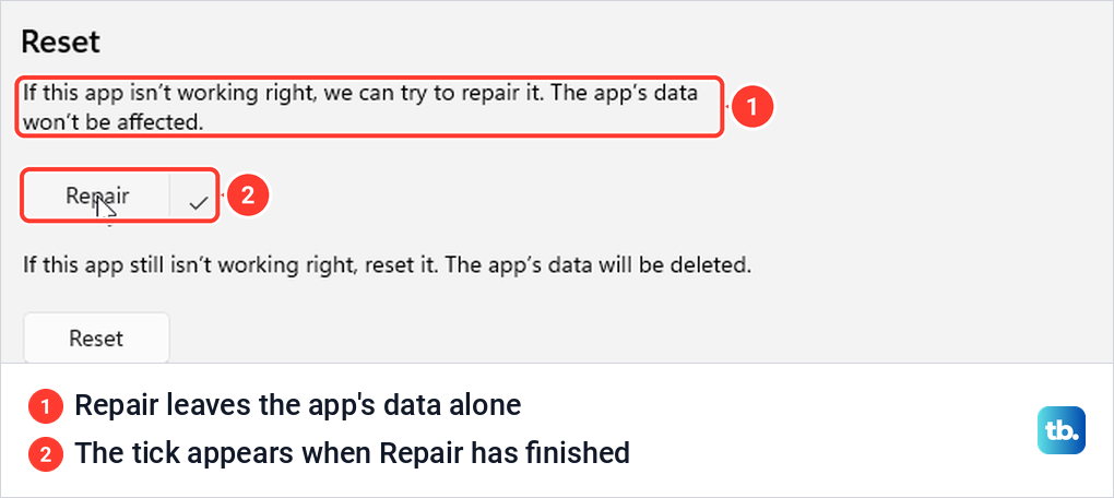 The Repair button on Snipping Tool's Advanced options page with a tick beside it after the repair finished.