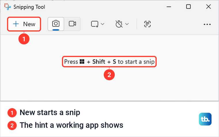 The Snipping Tool app window with its New button and the hint to press Windows, Shift and S.