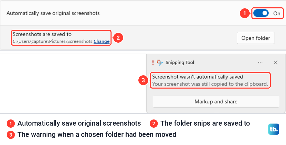 Snipping Tool settings with automatic saving switched on and its save folder, above a notification saying the screenshot was not saved.