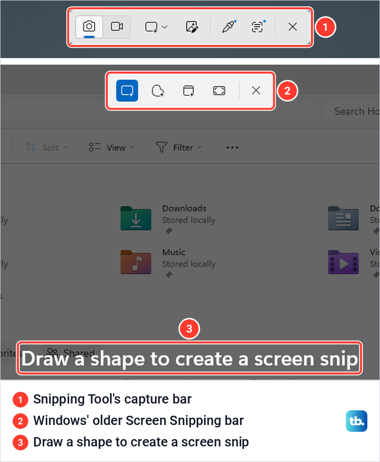 Snipping Tool's capture bar above Windows' older five-button Screen Snipping bar and its prompt to draw a shape.