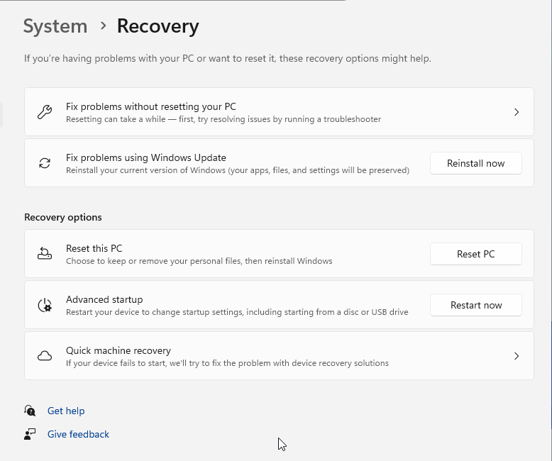 Windows 11 Settings System Recovery page with Fix problems using Windows Update, Reset this PC and Advanced startup
