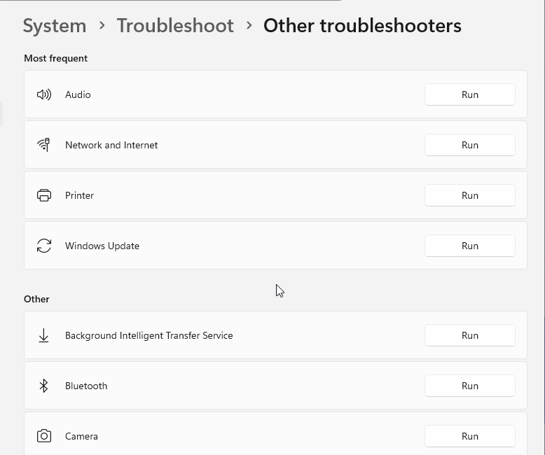 Windows 11 Other troubleshooters list with Audio, Network and Internet, Printer, Windows Update and Bluetooth