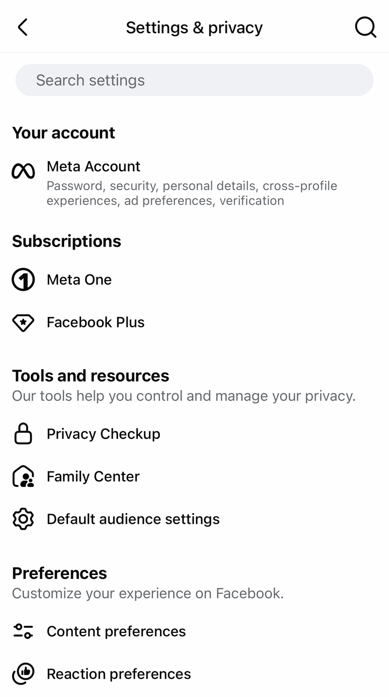 Facebook Settings & privacy screen on iPhone with Meta Account listed under Your account