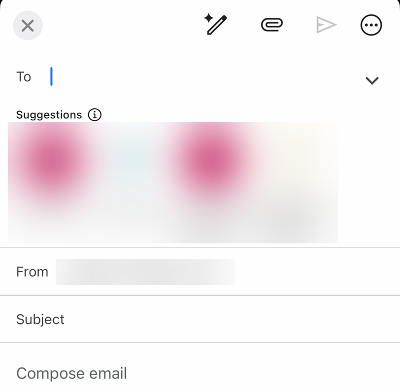 Gmail compose screen on iPhone with To, From, Subject and the send button