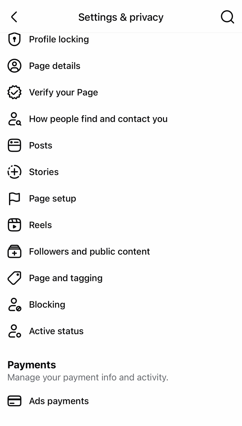 Facebook Page profile Settings & privacy list with Followers and public content, Blocking and Active status