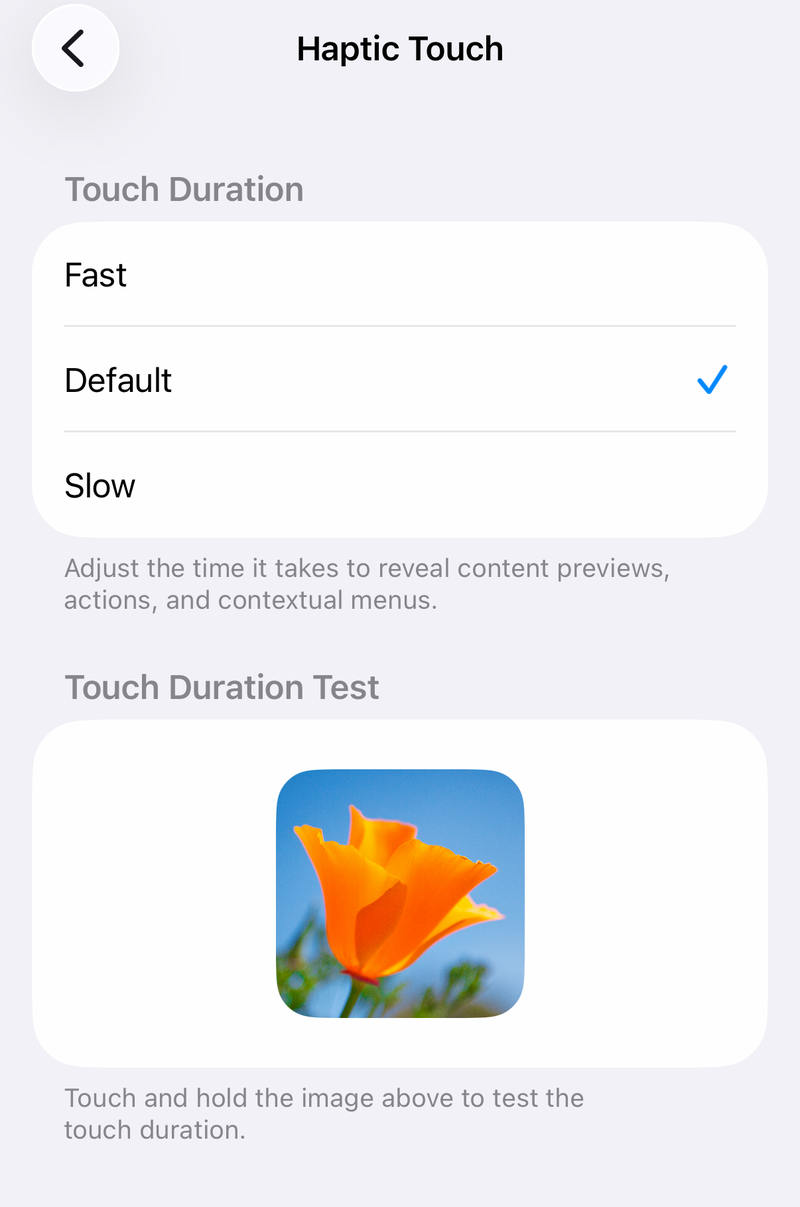 iPhone Haptic Touch settings with Fast, Default and Slow and a touch test image