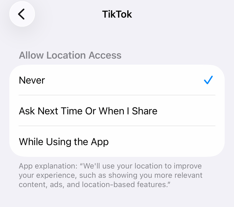 iPhone Location Services screen for TikTok with three location permission choices