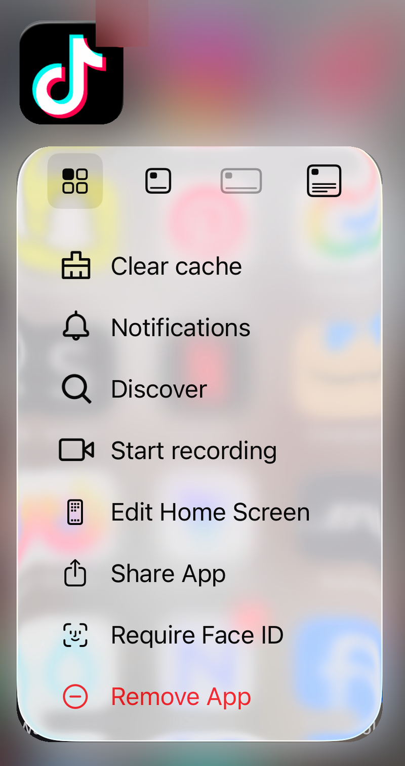 TikTok app icon menu on iPhone with Clear cache, Notifications, Discover and Remove App