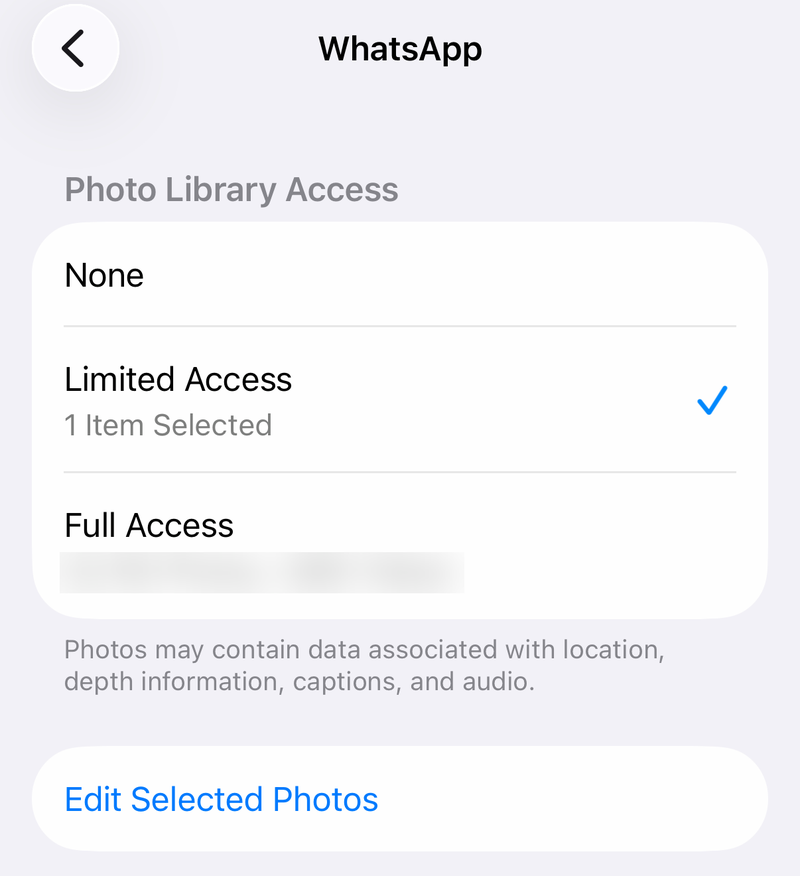 iPhone Photo Library Access screen for WhatsApp with None, Limited Access and Full Access