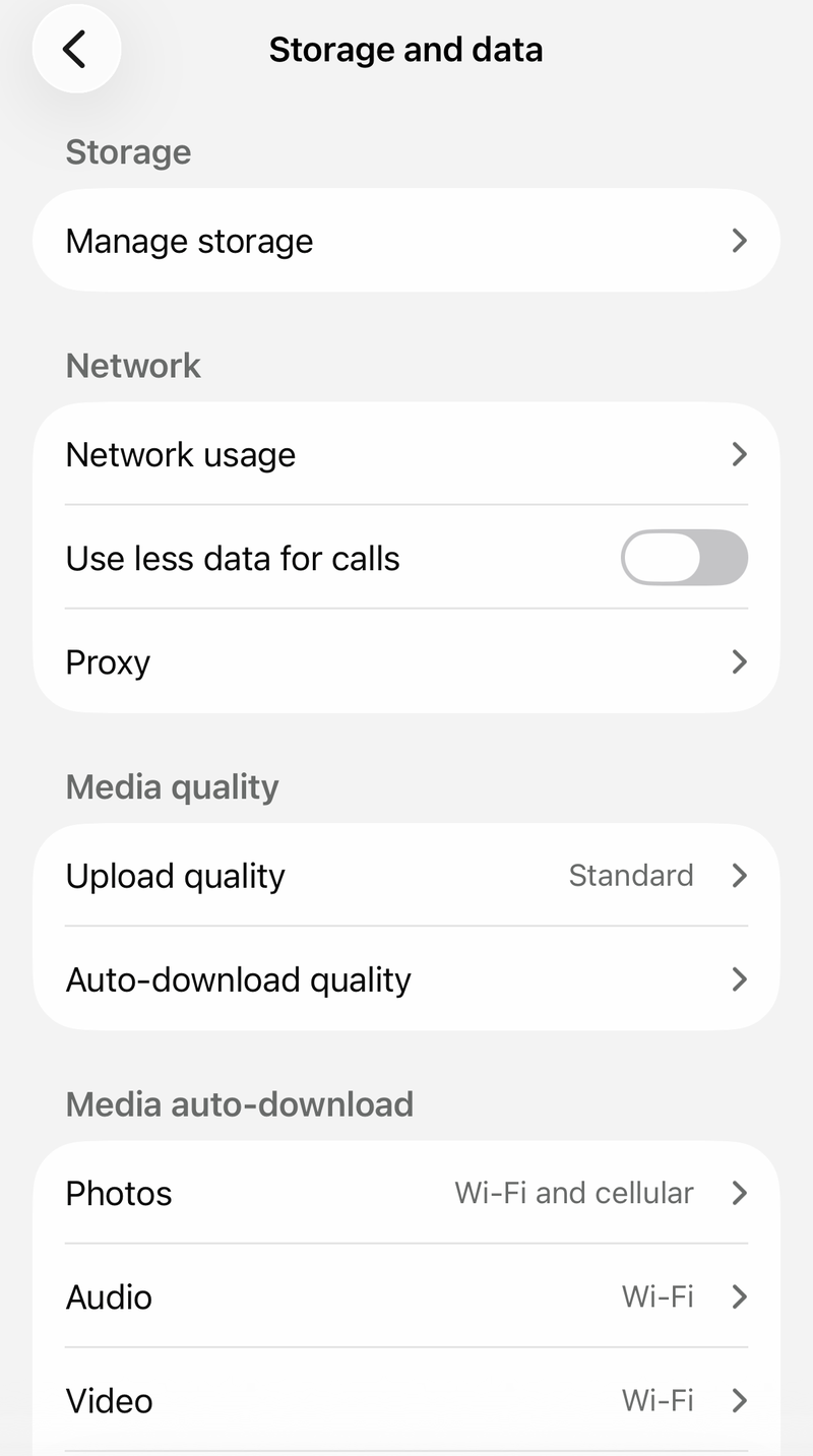 WhatsApp Storage and data screen with Manage storage, Use less data for calls and Media auto-download