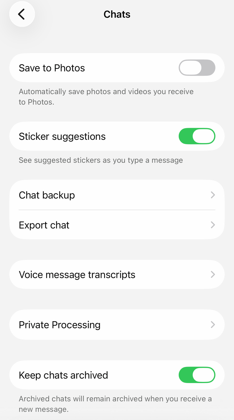WhatsApp Chats settings on iPhone with Save to Photos, Sticker suggestions and Chat backup