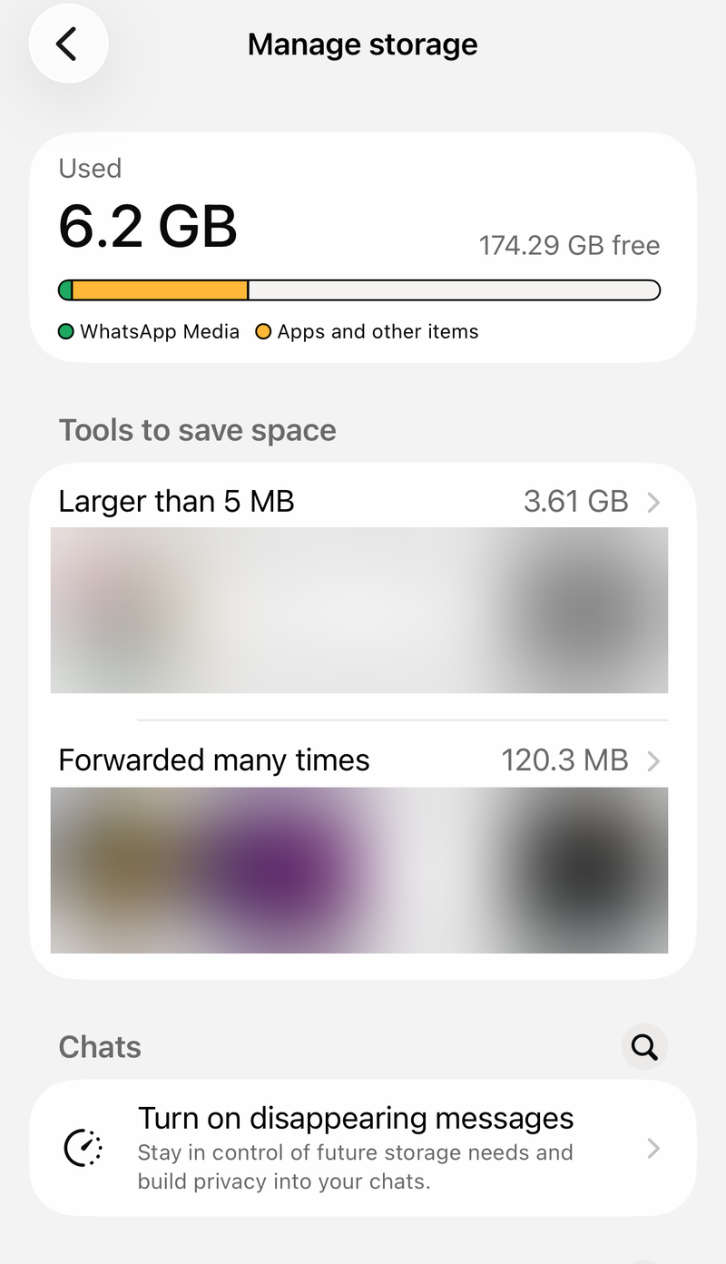 WhatsApp Manage storage screen with space used, Larger than 5 MB and Forwarded many times
