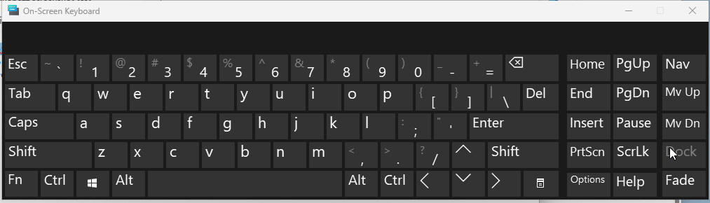 Windows 11 On-Screen Keyboard with the full key layout and Options, Help and Fade keys on the right