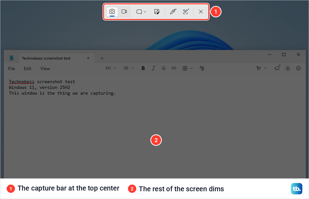 A dimmed Windows 11 desktop with the Snipping Tool capture bar open at the top center.