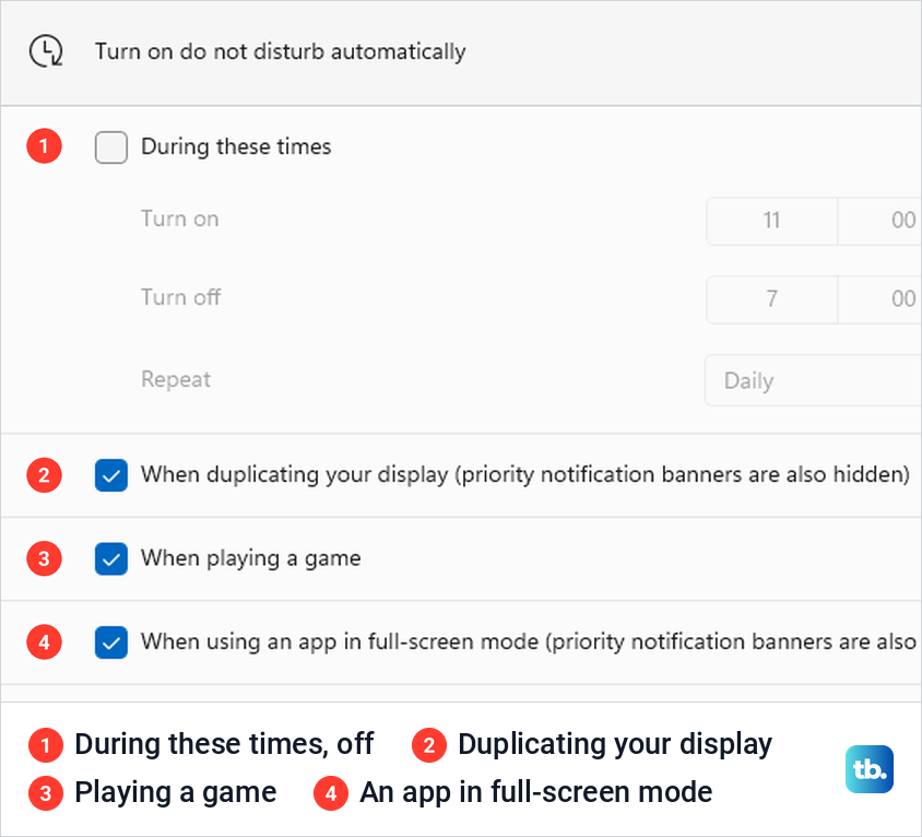 The Turn on do not disturb automatically section in Windows 11 Settings with its rules ticked.
