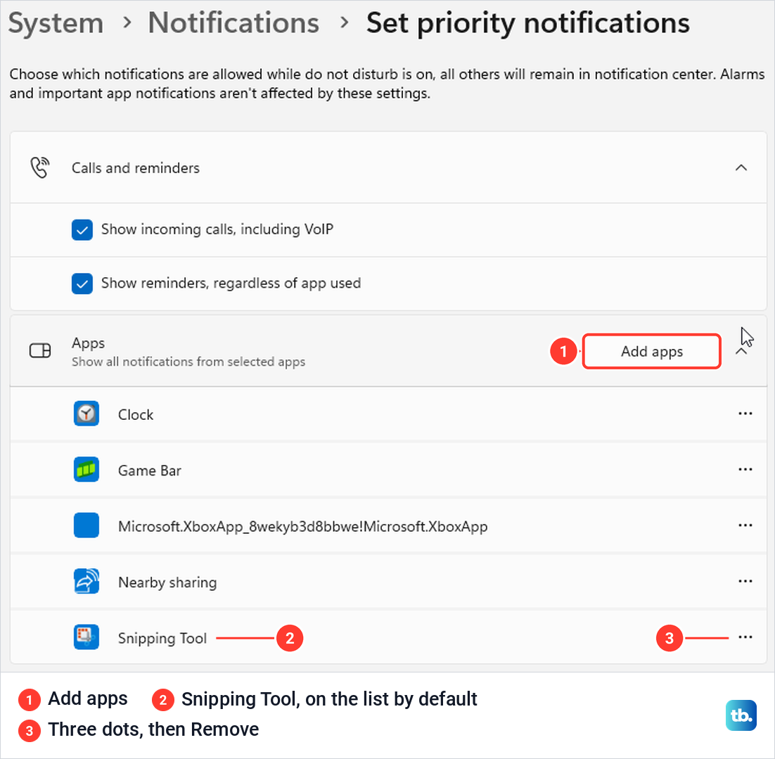 The Set priority notifications page in Windows 11 Settings with Snipping Tool in the list of apps.