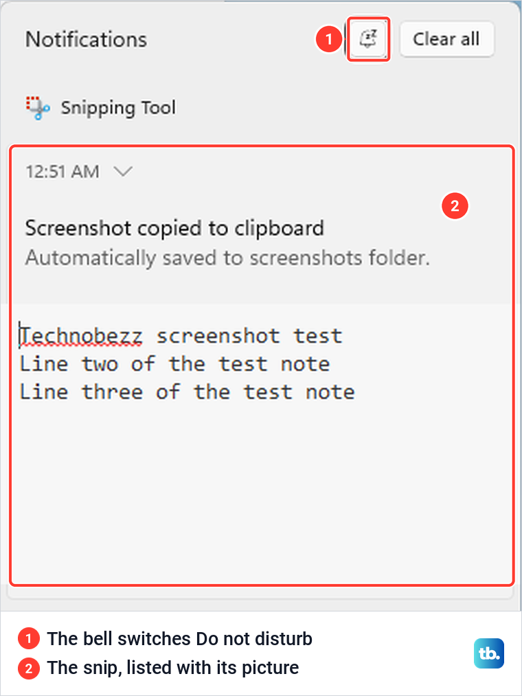 The Windows 11 notification center listing a Snipping Tool entry with a small picture of the snip.