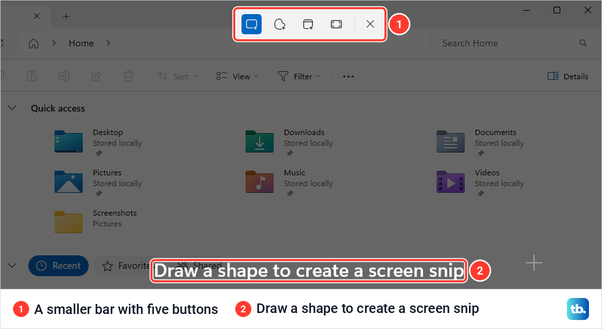 An older Windows capture screen with a small five-button bar and the words Draw a shape to create a screen snip.