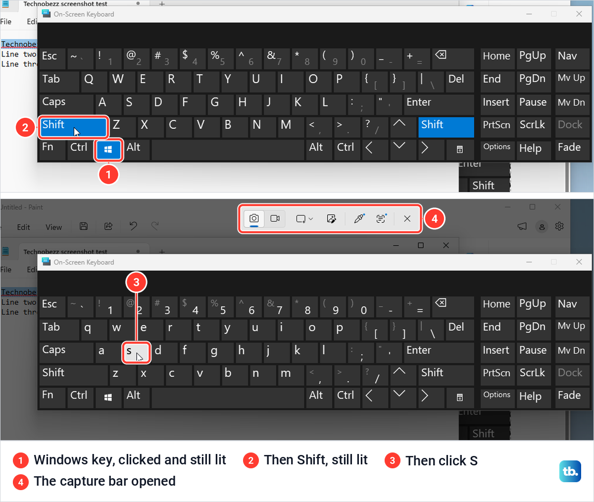 The Windows On-Screen Keyboard with the Windows key and Shift lit, then the S key clicked and the capture bar open.
