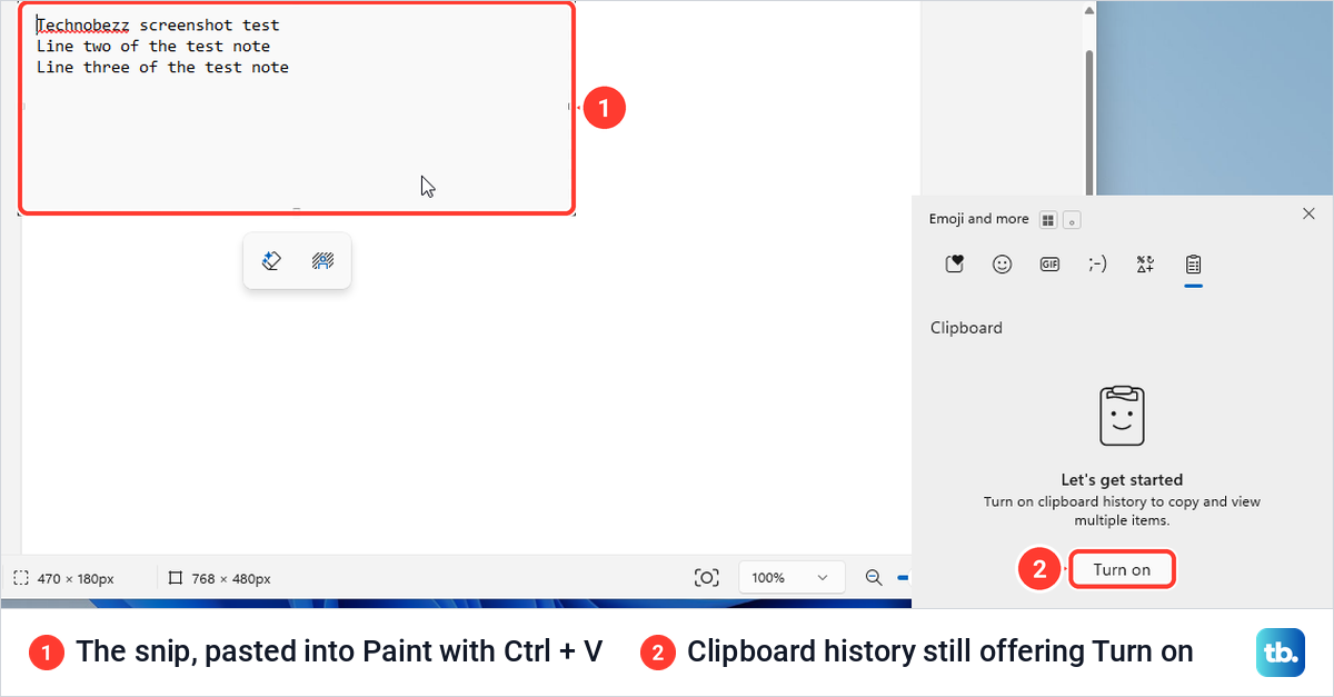 Paint showing a pasted snip of a text note beside the clipboard panel offering to turn on clipboard history.