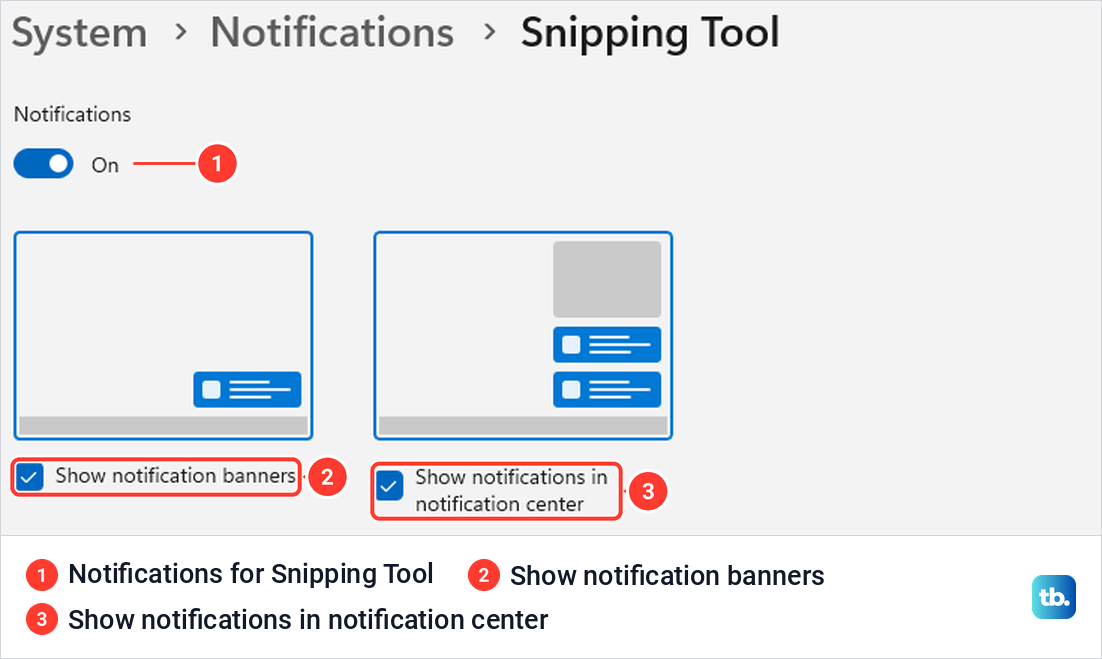 Snipping Tool's notification settings page with its main switch on and both banner and notification center boxes ticked.