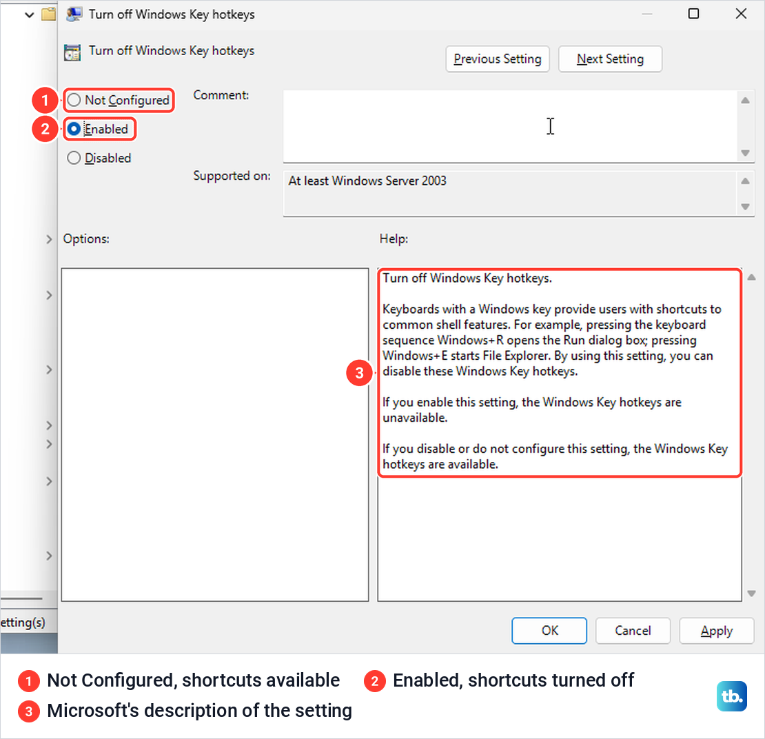 The Turn off Windows Key hotkeys policy window in the Local Group Policy Editor with Enabled selected.