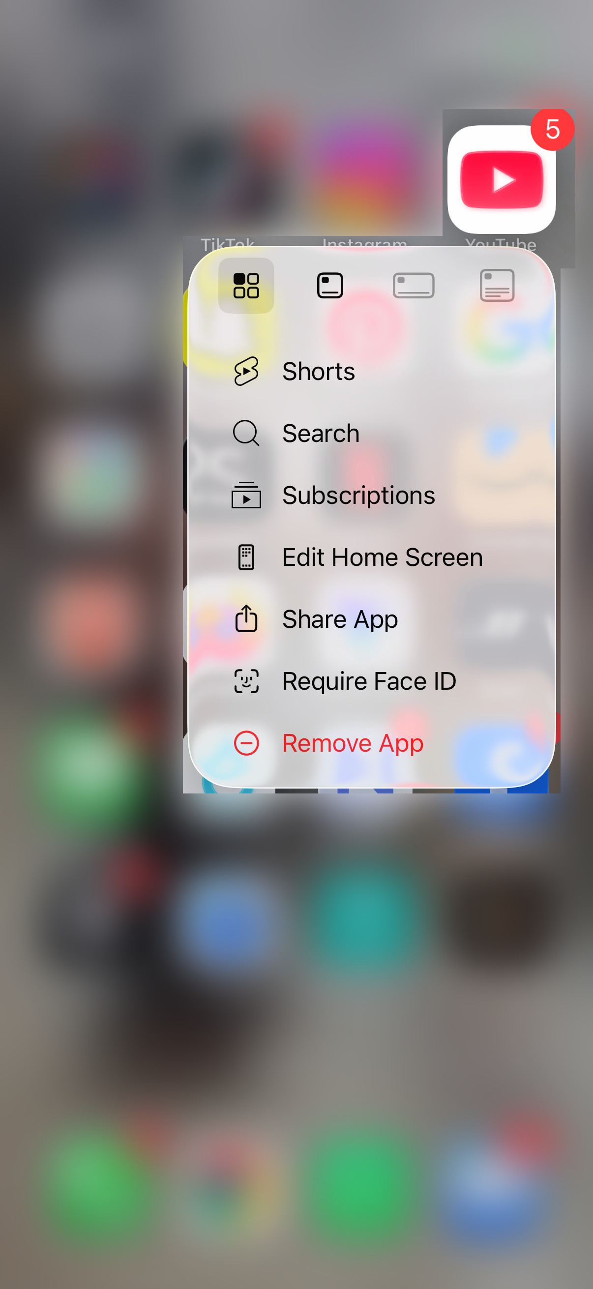 iPhone app icon menu with Edit Home Screen, Share App, Require Face ID and Remove App